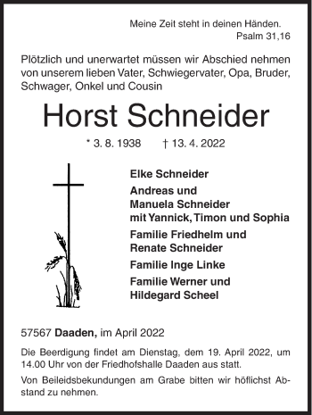 Traueranzeige von Horst Schneider von Siegener Zeitung