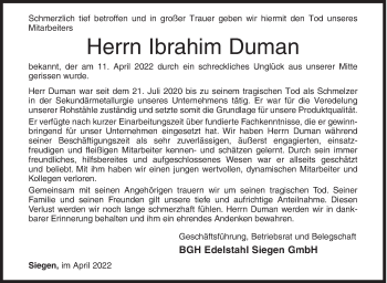 Traueranzeige von Ibrahim Duman von Siegener Zeitung