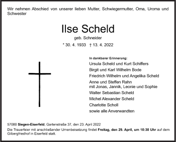Traueranzeige von Ilse Scheld von Siegener Zeitung
