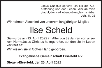 Traueranzeige von Ilse Scheld von Siegener Zeitung