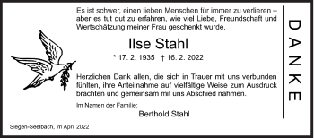 Traueranzeige von Ilse Stahl von Siegener Zeitung