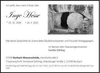 Traueranzeige von Inge Hesse von Siegener Zeitung