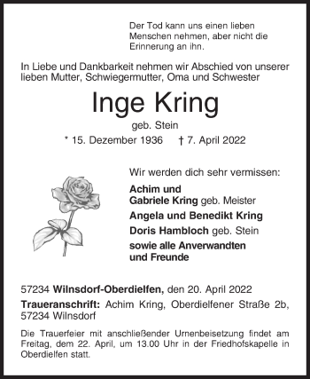 Traueranzeige von Inge Kring von Siegener Zeitung