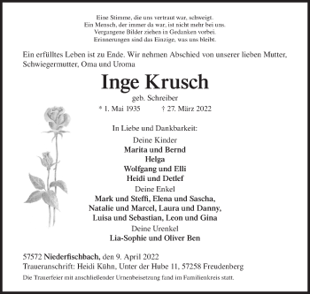 Traueranzeige von Inge Krusch von Siegener Zeitung