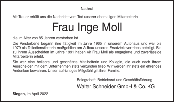 Traueranzeige von Inge Moll von Siegener Zeitung