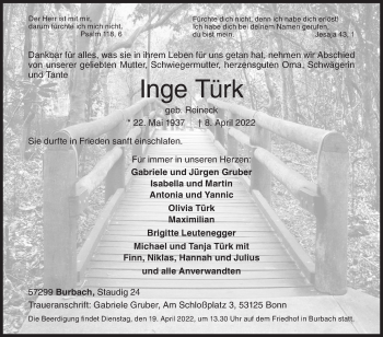 Traueranzeige von Inge Türk von Siegener Zeitung