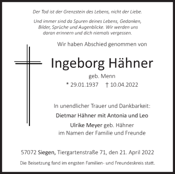 Traueranzeige von Ingeborg Hähner von Siegener Zeitung