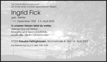 Traueranzeige von Ingrid Fick von Siegener Zeitung