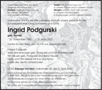 Traueranzeige von Ingrid Podgurski von Siegener Zeitung
