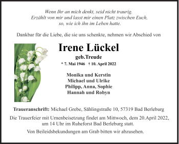 Traueranzeige von Irene Lückel von Siegener Zeitung