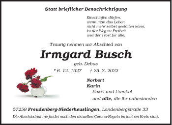 Traueranzeige von Irmgard Busch von Siegener Zeitung