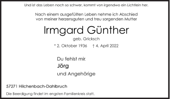 Traueranzeige von Irmgard Günther von Siegener Zeitung