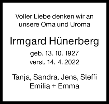 Traueranzeige von Irmgard Hünerberg von Siegener Zeitung