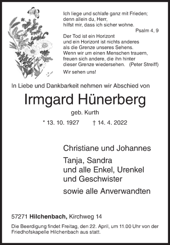 Traueranzeige von Irmgard Hünerberg von Siegener Zeitung