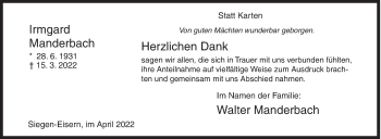 Traueranzeige von Irmgard Manderbach von Siegener Zeitung