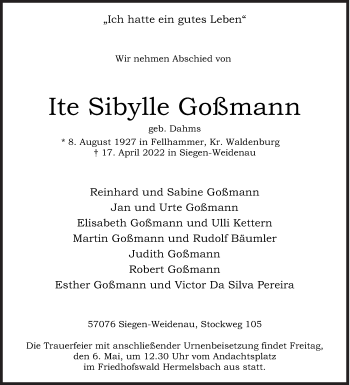 Traueranzeige von Ite Sibylle Goßmann von Siegener Zeitung