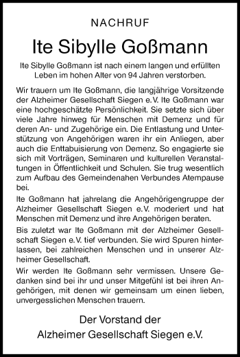 Traueranzeige von Ite Sibylle Goßmann von Siegener Zeitung