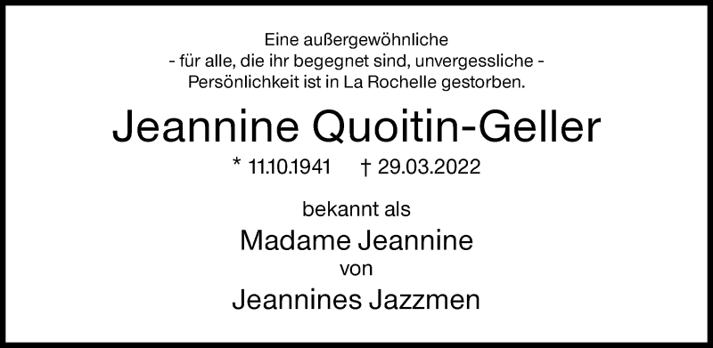  Traueranzeige für Jeannine Quoitin-Geller vom 05.04.2022 aus Siegener Zeitung