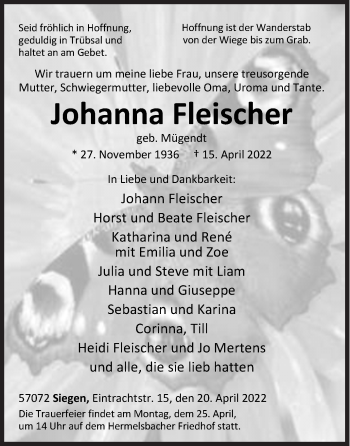 Traueranzeige von Johanna Fleischer von Siegener Zeitung
