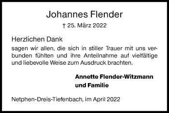 Traueranzeige von Johannes Flender von Siegener Zeitung