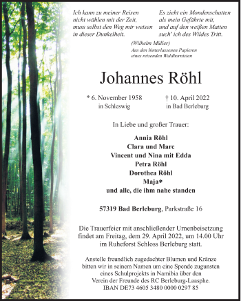 Traueranzeige von Johannes Röhl von Siegener Zeitung