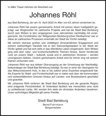 Traueranzeige von Johannes Röhl von Siegener Zeitung