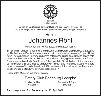 Traueranzeige von Johannes Röhl von Siegener Zeitung