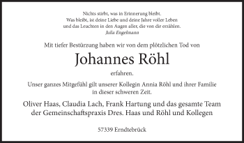 Traueranzeige von Johannes Röhl von Siegener Zeitung