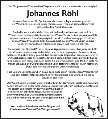 Traueranzeige von Johannes Röhl von Siegener Zeitung