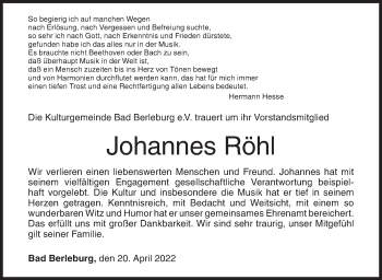 Traueranzeige von Johannes Röhl von Siegener Zeitung