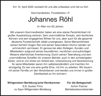 Traueranzeige von Johannes Röhl von Siegener Zeitung