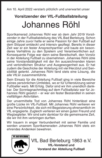 Traueranzeige von Johannes Röhl von Siegener Zeitung