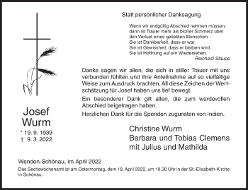 Traueranzeige von Josef Wurm von Siegener Zeitung