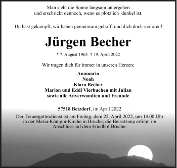 Traueranzeige von Jürgen Becher von Siegener Zeitung