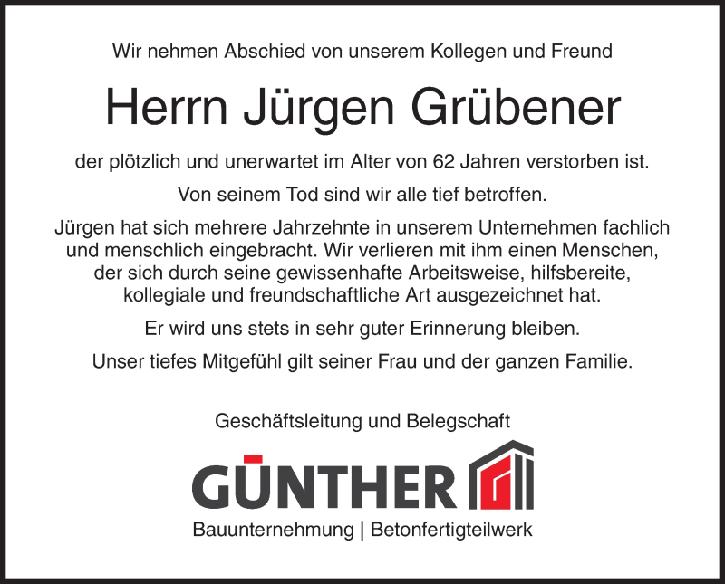  Traueranzeige für Jürgen Grübener vom 20.04.2022 aus Siegener Zeitung