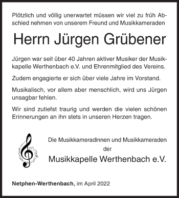 Traueranzeige von Jürgen Grübener von Siegener Zeitung