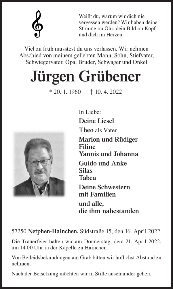  Traueranzeige für Jürgen Grübener vom 16.04.2022 aus Siegener Zeitung