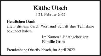 Traueranzeige von Käthe Utsch von Siegener Zeitung