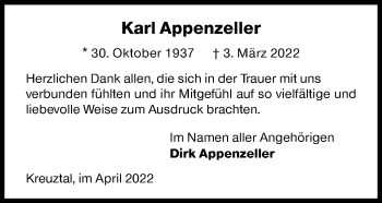 Traueranzeige von Karl Appenzeller von Siegener Zeitung