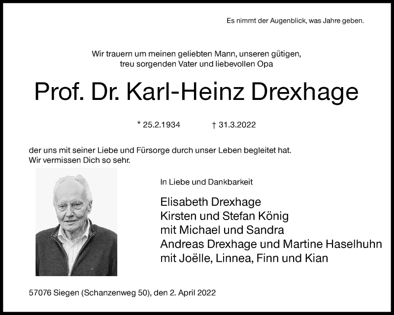  Traueranzeige für Karl-Heinz Drexhage vom 02.04.2022 aus Siegener Zeitung