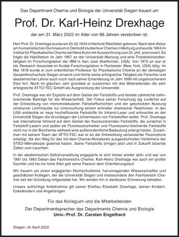 Traueranzeige von Karl-Heinz Drexhage von Siegener Zeitung