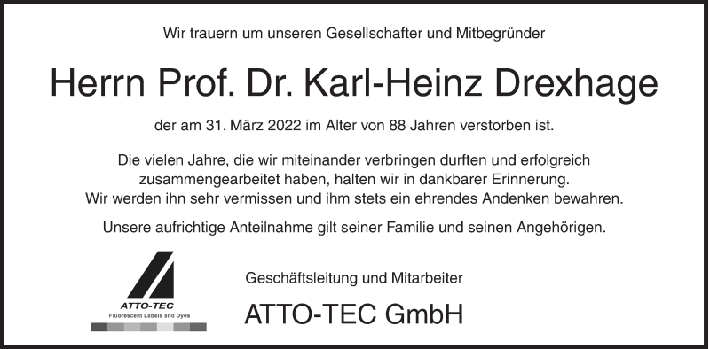  Traueranzeige für Karl-Heinz Drexhage vom 02.04.2022 aus Siegener Zeitung