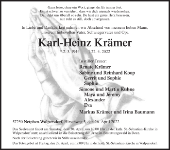 Traueranzeige von Karl-Heinz Krämer von Siegener Zeitung