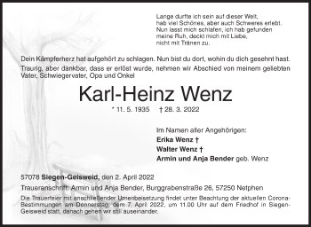 Traueranzeige von Karl-Heinz Wenz von Siegener Zeitung