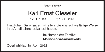 Traueranzeige von Karl Ernst Gieseler von Siegener Zeitung