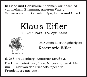 Traueranzeige von Klaus Eifler von Siegener Zeitung