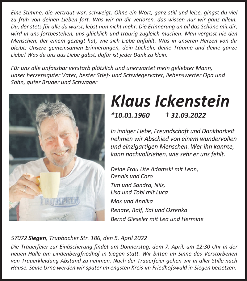  Traueranzeige für Klaus Ickenstein vom 05.04.2022 aus Siegener Zeitung