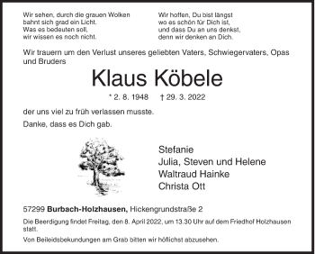 Traueranzeige von Klaus Köbele von Siegener Zeitung