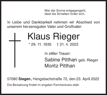 Traueranzeige von Klaus Rieger von Siegener Zeitung
