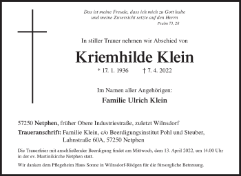 Traueranzeige von Kriemhilde Klein von Siegener Zeitung